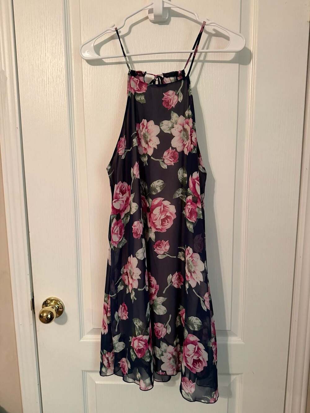 ElleCLO Navy Blue Floral Halter Chiffon Mini Shift Dress